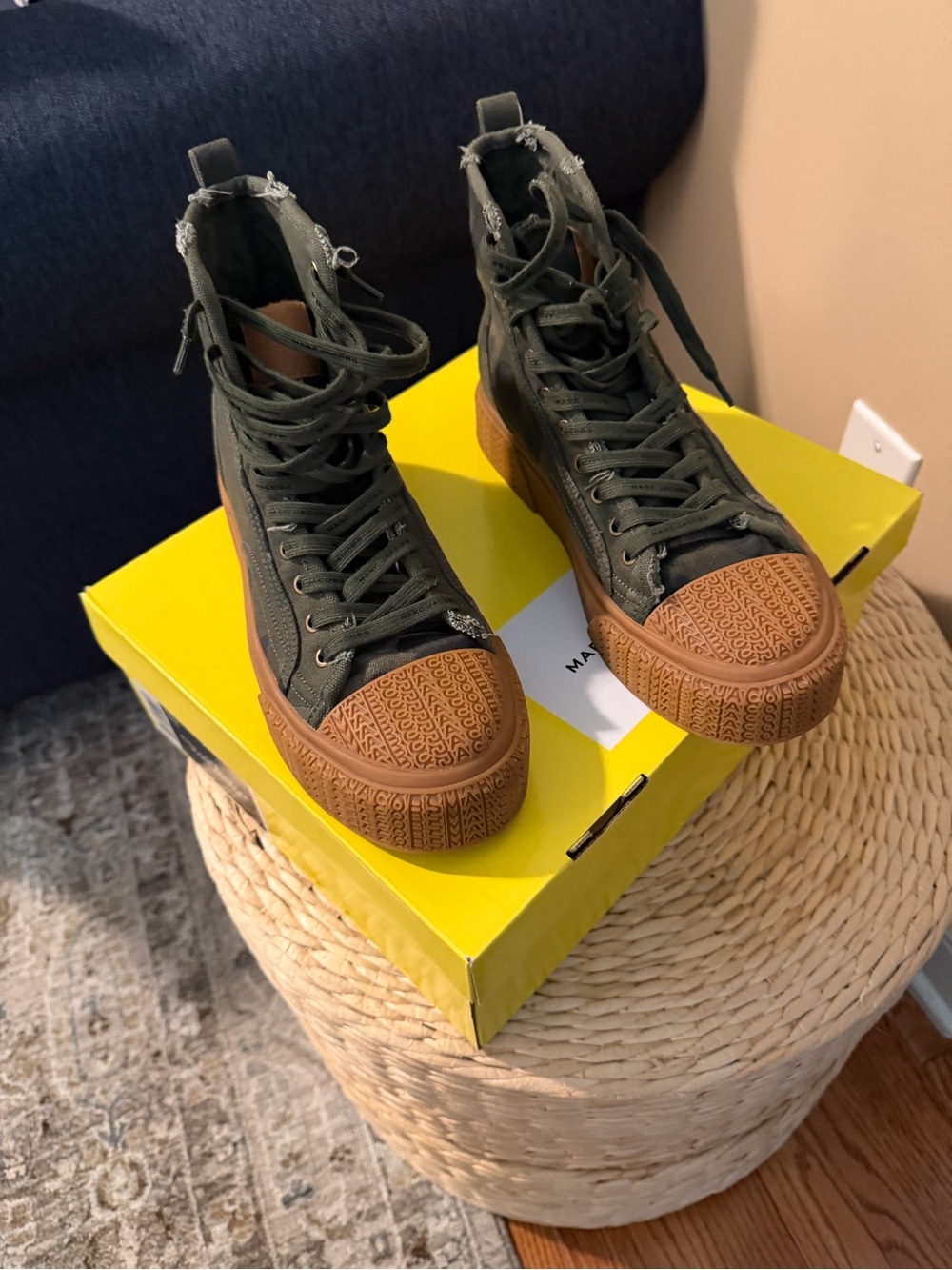 Marc Jacob Women’s High-Top Canvas Sneaker in Olive Camo and Brown - Picture 3 of 5